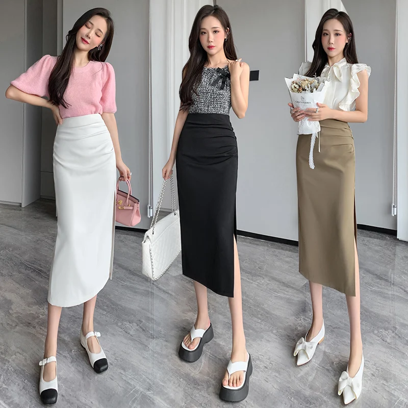 

Юбка миди с высокой талией, плиссированная, в деловом стиле, облегающая, корейская версия, из утолщенного полиэстера, H-образная