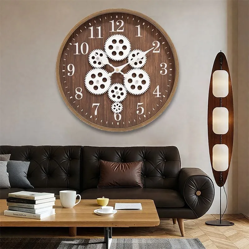 Wood Look Wall Clocks Retro Creative Simple Gear Wall Clocks Exquisite Silent Large Clock Livingroom Decoration Accessories