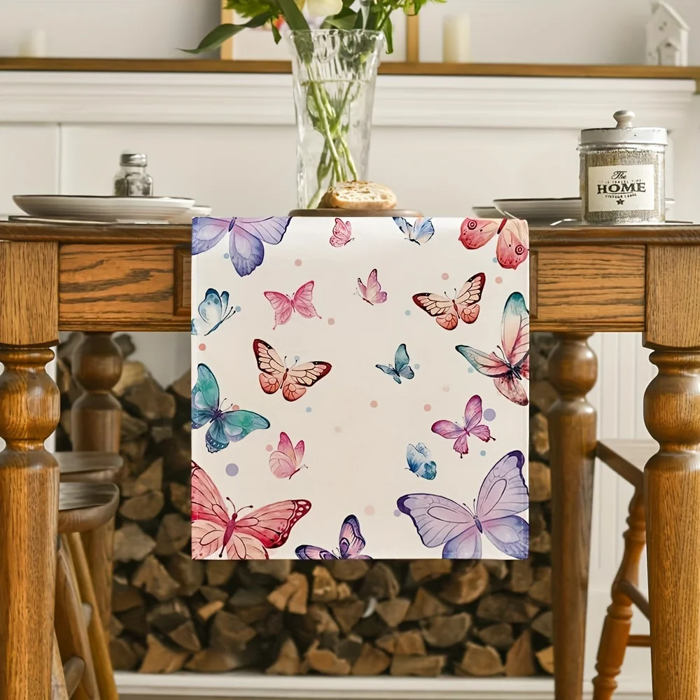 Colorful Butterfly Printed Table Runner - Spring Summer Theme Decor for Home Kitchen Indoor Outdoor Birthday Party