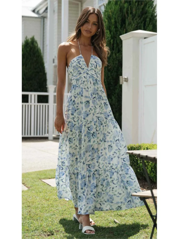 

Women Elegant Halter Print Dress Fashion Sexy Sleeveless V-Neck Backless Loose Dresses Robe Femme Casual Party Dress Lady Summer