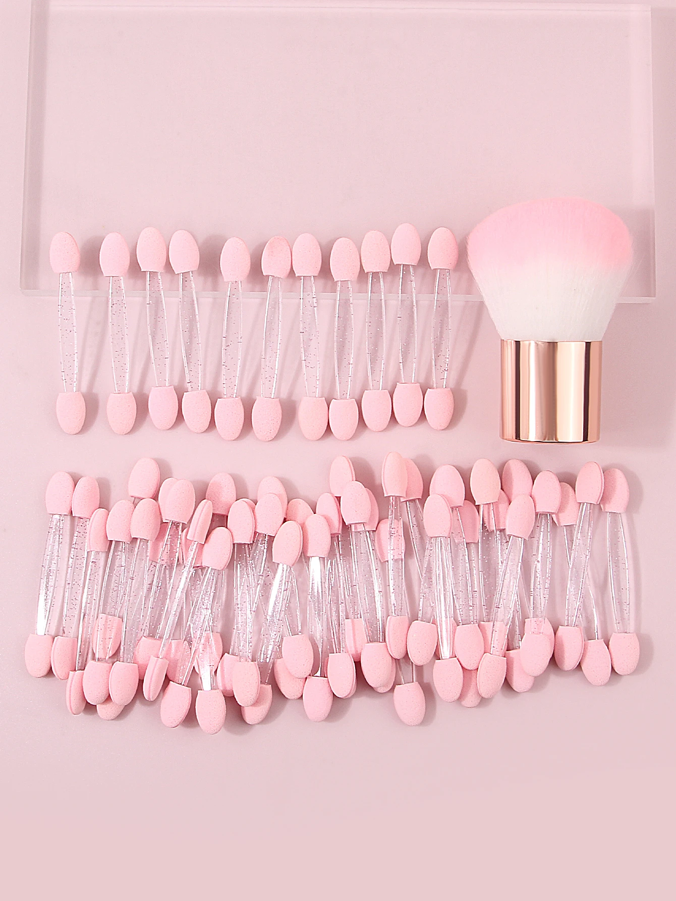 Pennello per ombretto in stick di spugna rosa a doppia testa da 50 pezzi, bastoncino per sbavature in spugna multiuso + set di pennelli per cipria sciolto portatile da 1 pezzo
