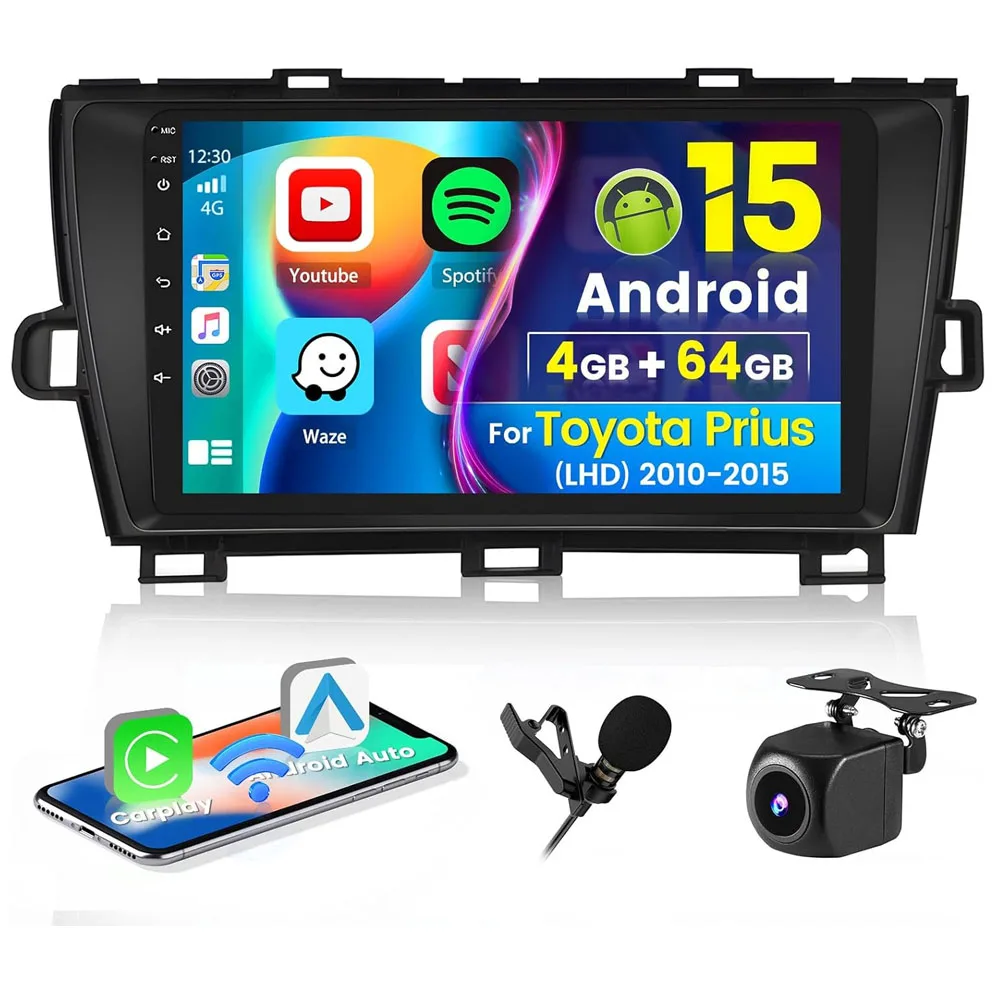 New Upgrade 9inch Touch Car Multimedia Stereo Radio Android 15 GPS Navigation Head Unit 4+64G For Toyota Prius 2010-2015 Support Wireless Carplay Android Auto Bluetooth SWC WiFi Mirror Link Back Camera