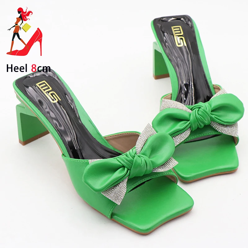 2025 New Green Square Toe Sandals 8CM Strange Style Rhinestone Women Shoes Fashion Bow Slippers Female Summer High Heels Mules