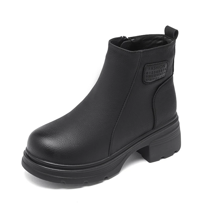 2025 Winter Shoes Women High Heels Boots British Style Warm Plush Square Heels 5.5cm Fashion Brand Ladies Ankle Boots Black D726