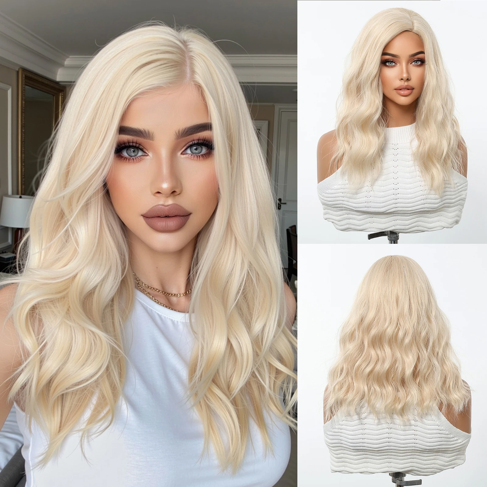 

EASIHAIR Natural Blonde Wavy Synthetic Wigs Medium Length Middle Part Wig for Women Daily Party Wedding Use Heat Resistant