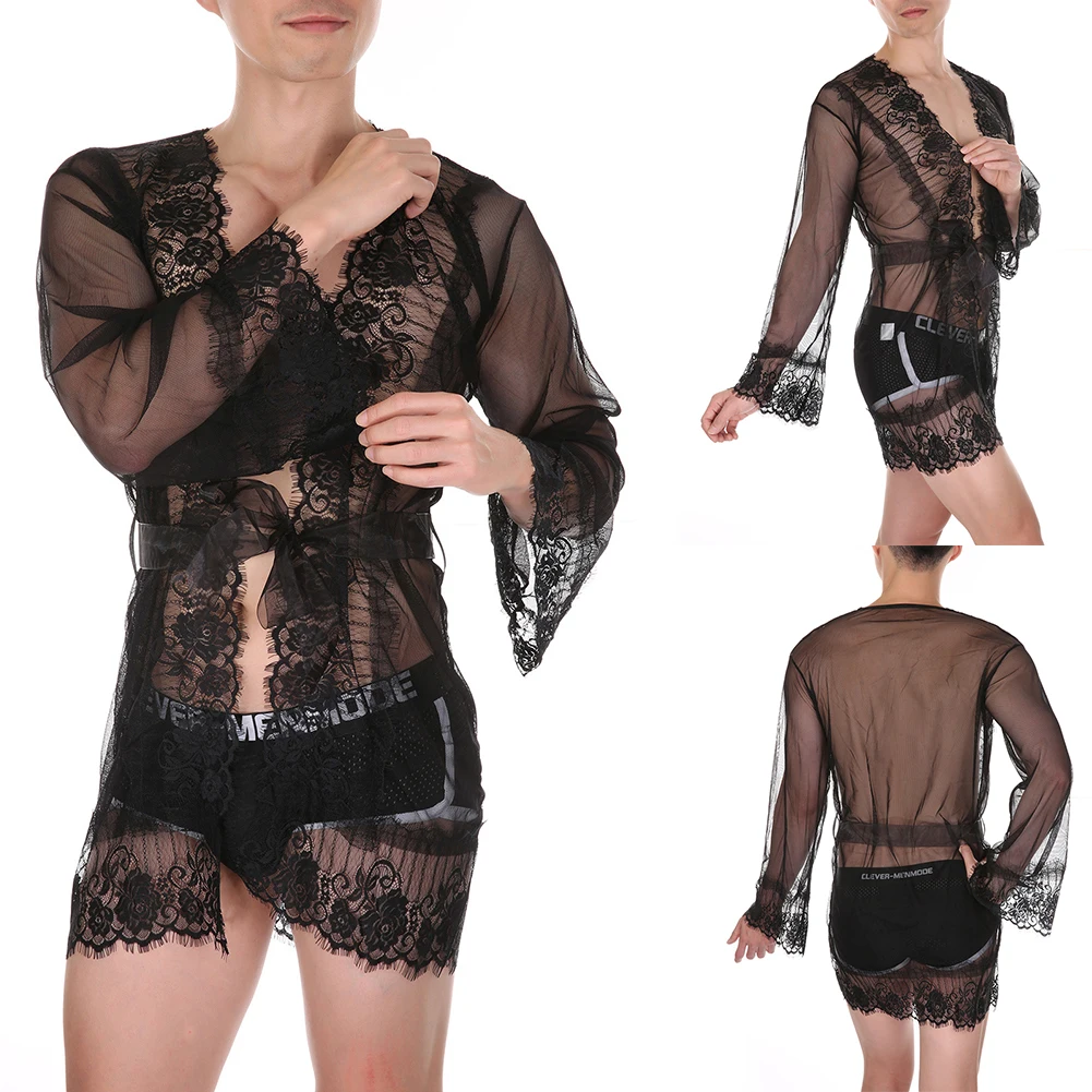 

Men's Sexy Lace Nightgown Loose Bathrobe Solid Lingerie Lace Night Wear Mesh See Through Sleeping Suit Erotic Lingerie