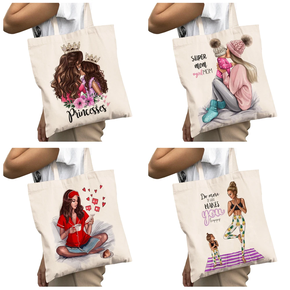 Casual Super Mama  Big Capacity Shopper Bag Fashion Cartoon Lady Canvas ECO Student Tote Handbag Women Shopping Bags