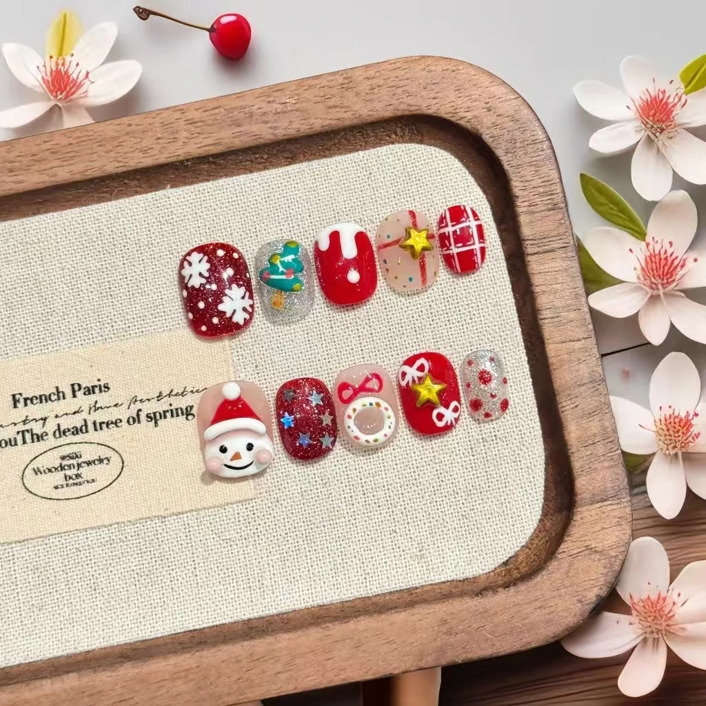 

10PCS Luxury Handmade Snowman Press on Nails Short Christmas Design Festive Winter Nail Art With 4-PIECE Tool Nail Adhesive Tabs