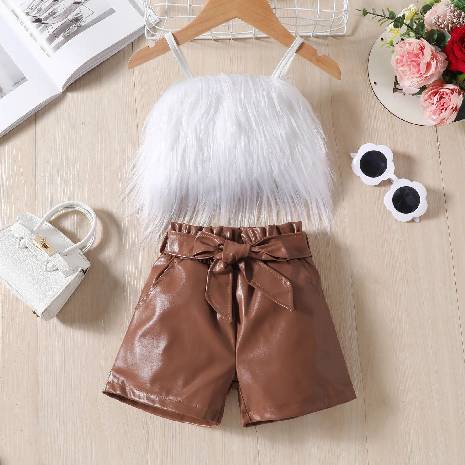 

Kid Girls Shorts Sets Outfits Fashion Clothes for Girls 2-7Y Sleeveless Plush Decor Sling Tops Elastic Waist PU Shorts with Belt