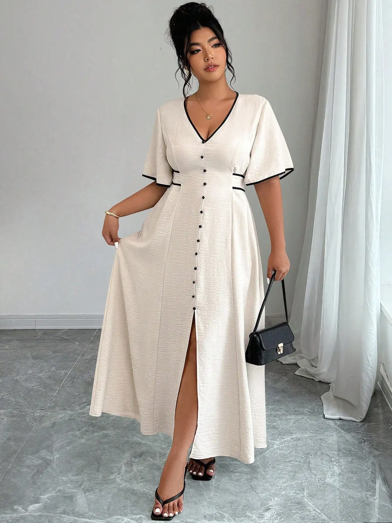 

Cream V-Neck Button-Front Midi Dress with Contrast Trim and High Slit