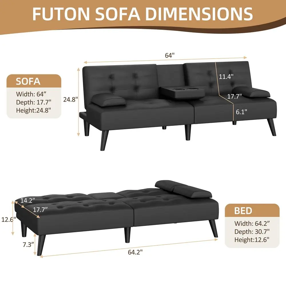 

Futon Sofa Bed, Leather Foldable Couch, Reclining Sleeper with Removable Armrests, Upholstered Loveseat Sofa Couch with Folding