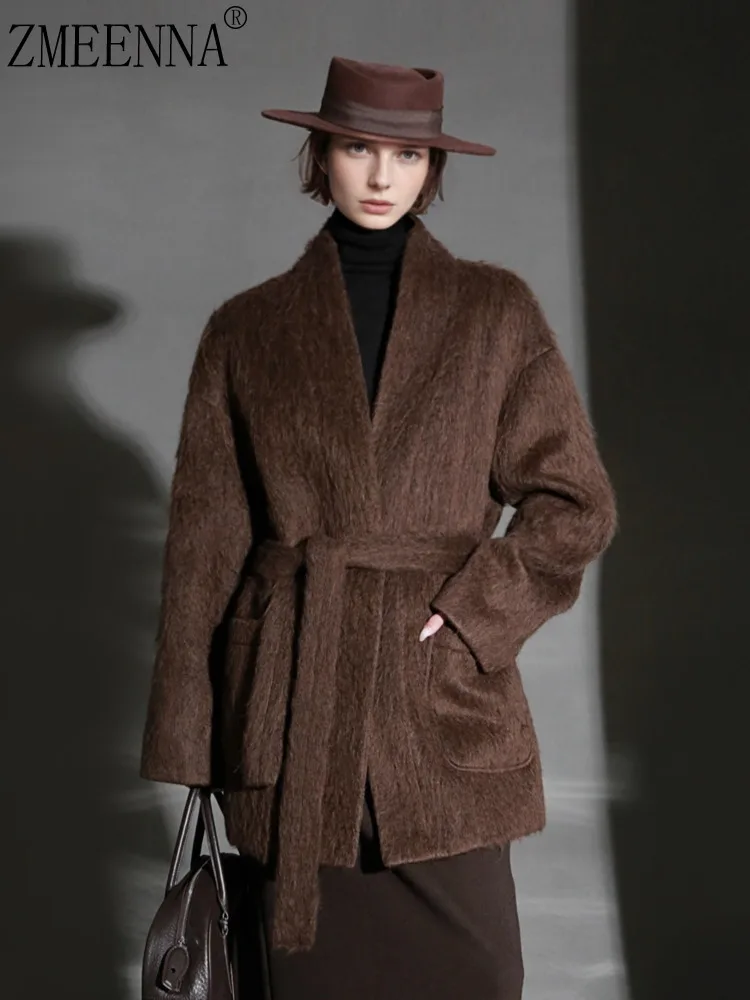 

ZMEENNA женское коричневое короткое пальто из нечеткой смеси, оверсайз, завязка на талии, стильная теплая зимняя верхняя одежда, куртка ZM4635