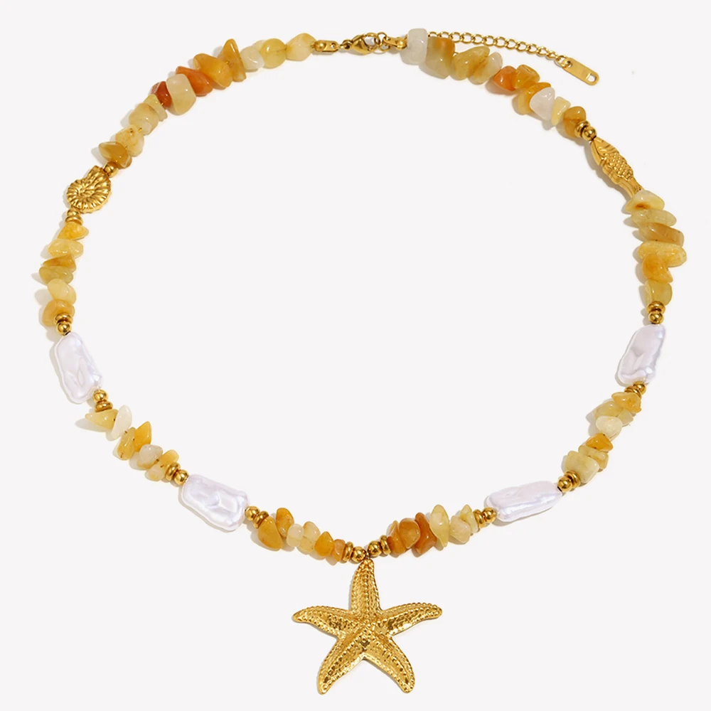 E.B.belle Fashion Summer Orange Natural Stone Pearl Starfish Pendant Necklace PVD Plated Stainless Steel Exaggerated Jewelry