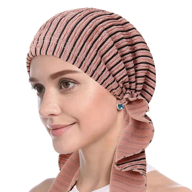 KepaHoo Stripe Pre-Tied Muslim Women Hijab Bonnet Turban Chemo Cap Hair Loss Hat Headwear Beanie Scarf Bandanas Turbante Mujer