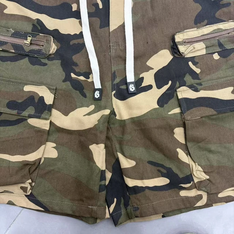Camo Cargo Shorts für Herren, Baggy Multi-Pocket-Shorts mit Kordelzug in der Taille, Baumwolle, Streetwear, Hip-Hop, Camouflage, knielang, taktische Shorts – Detail 6