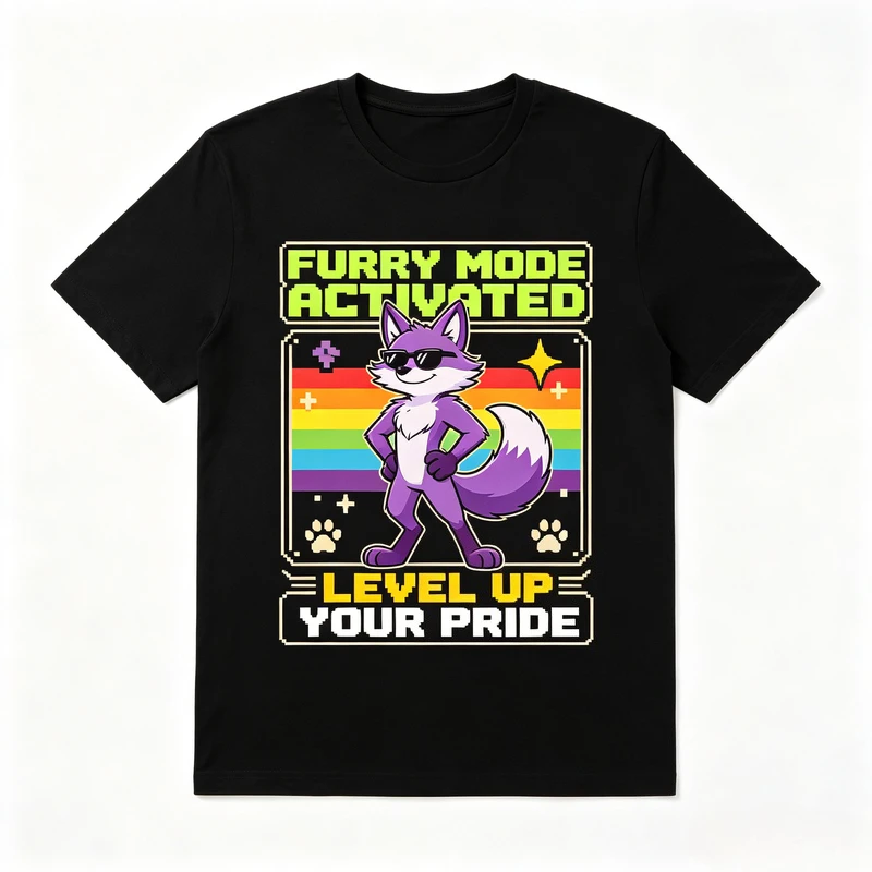Unisex Furry Mode Activated Fox Graphic T Shirt Pixel Game Rainbow Print Short Sleeve Tee Level Fandom Casual Harajuku Y2k Top