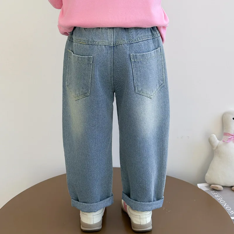 أطفال بنات الأزهار المطرزة الجينز الخريف جديد عالية الخصر فضفاض بنطال ذو قصة أرجل واسعة الكورية الأطفال سراويل جينز 2-7 سنة