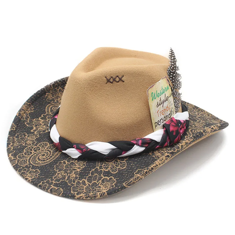 Spray Paint Gradient Color Cowboy Hat Fedora with Ribbon Feather Decoration Sheep Felt Hat Wide Brim Jazz Hat