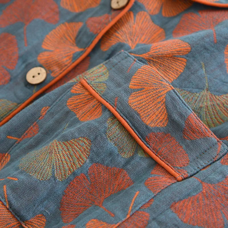 2026 Neue Frühlings- und Sommer-Damen-Pyjama-Sets, Langarm-Hosenanzug, Zweiteilig, 100% Baumwolle, Krepp, Blumen- und Blättermuster, Hauskleidung – Detail 11