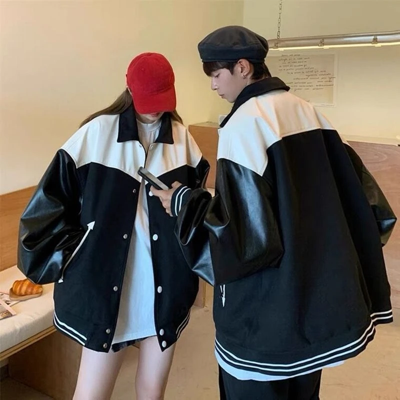 

Men Couples PU Leather Jacket​ Vintage Americana Patchwork Design with Loose Fit Edgy Streetwear for Autumn Casual Outfits