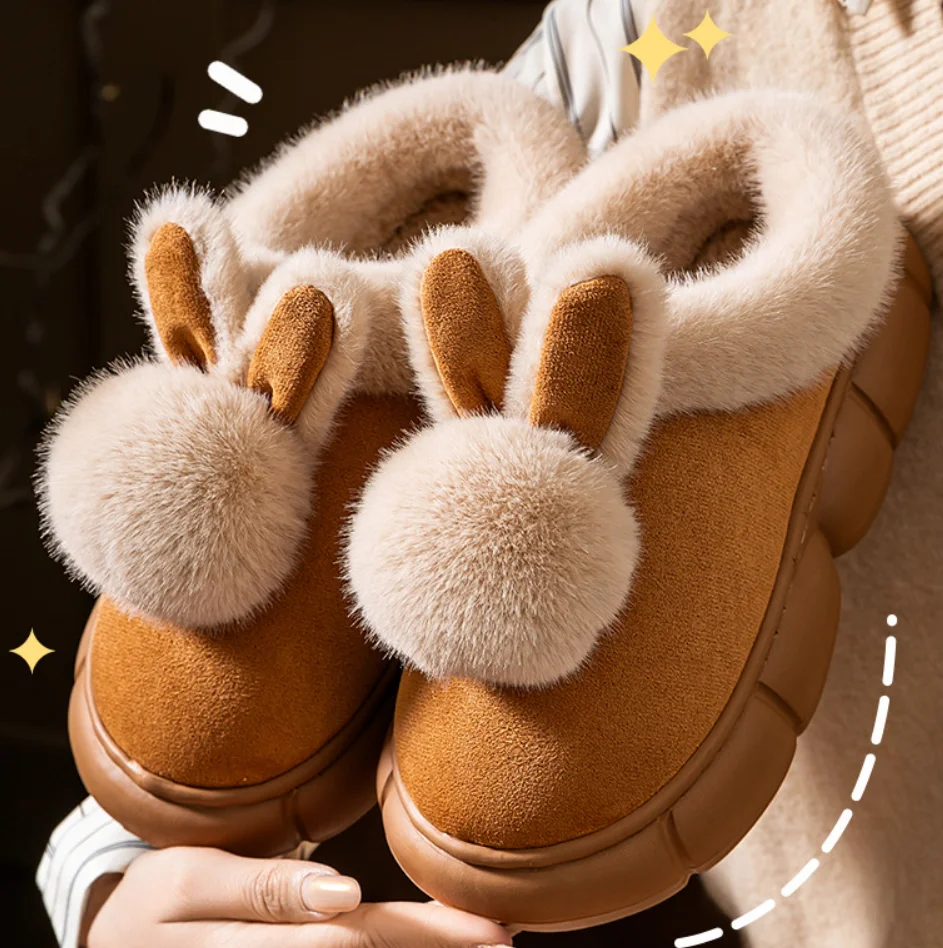 

Winter Women's Slippers Cute Ears Boots Fashion Fuzzy Fur Anti-slip Soft Sole Outdoor Indoor Warm Comfort Women Plush Houseshoes