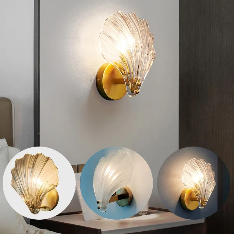 

Fashion Shell Wall Light E14 Glass Bedside Lamp for Living Room Bedroom Indoor Sconce Lamps Decor Lighting Fixtures AC 220V