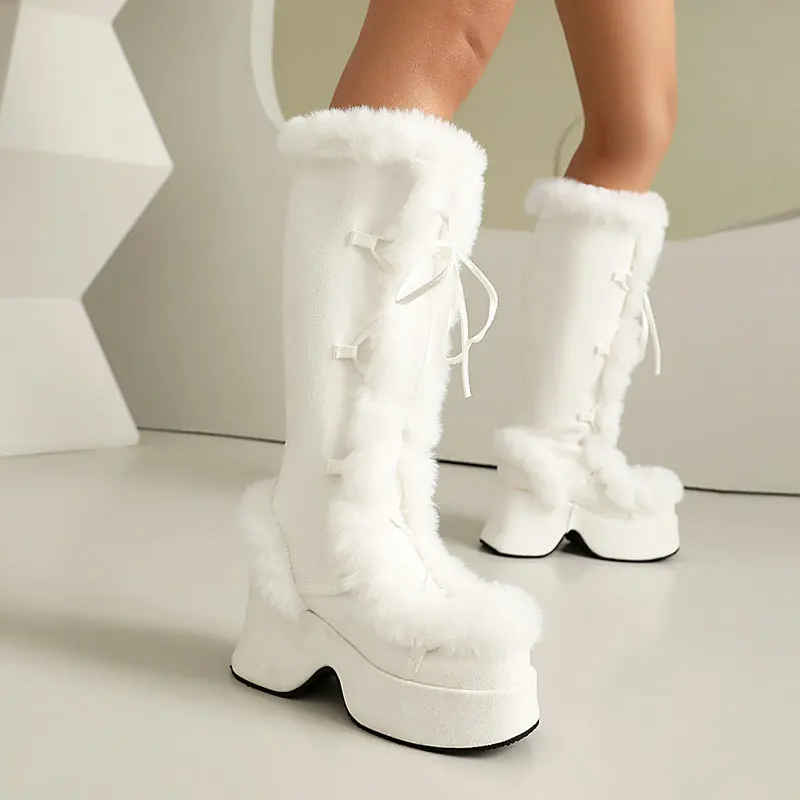 Lolita Style Furry Platform Boots for Women Thick Wedge Heel,Warm Knee High Winter Boots Lace Up Cosplay Daily Shoes Woman view 5