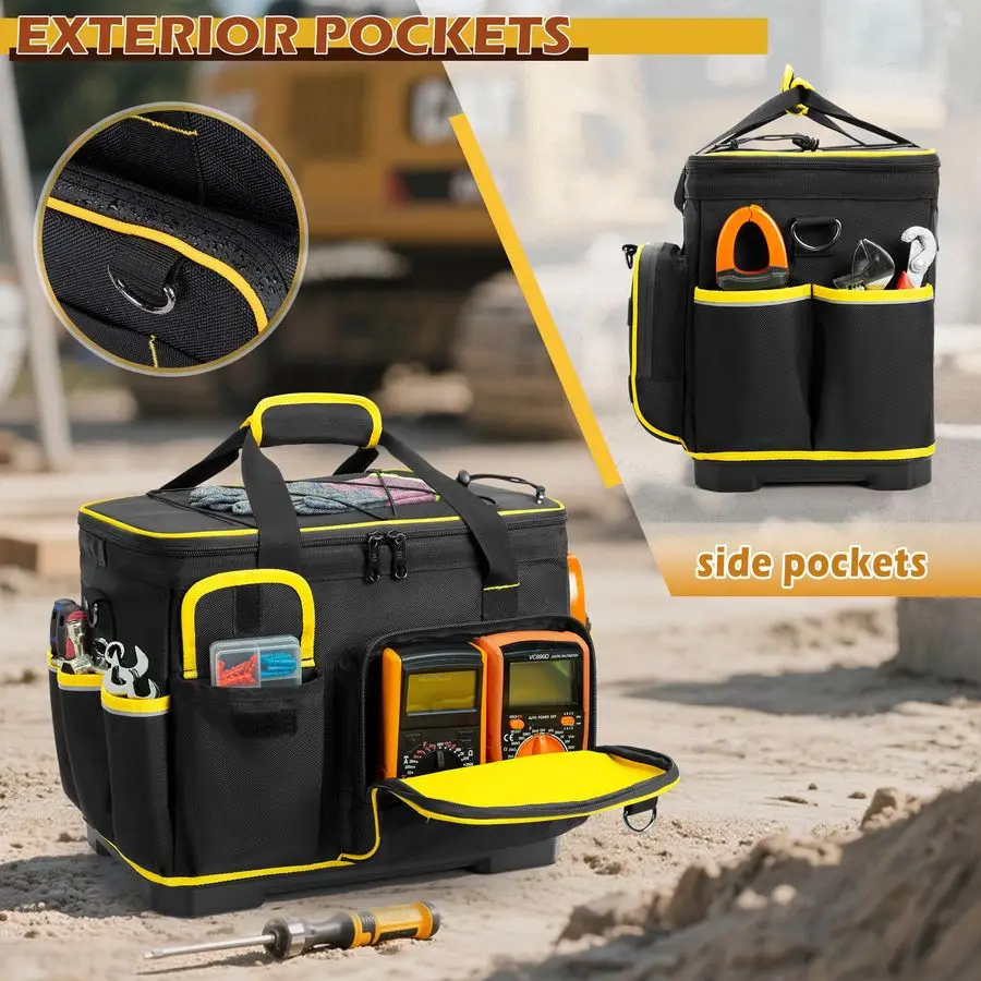 Borsa per attrezzi con fondo rigido e divisore staccabile, borsa per attrezzi resistente con tasche multiple, nera