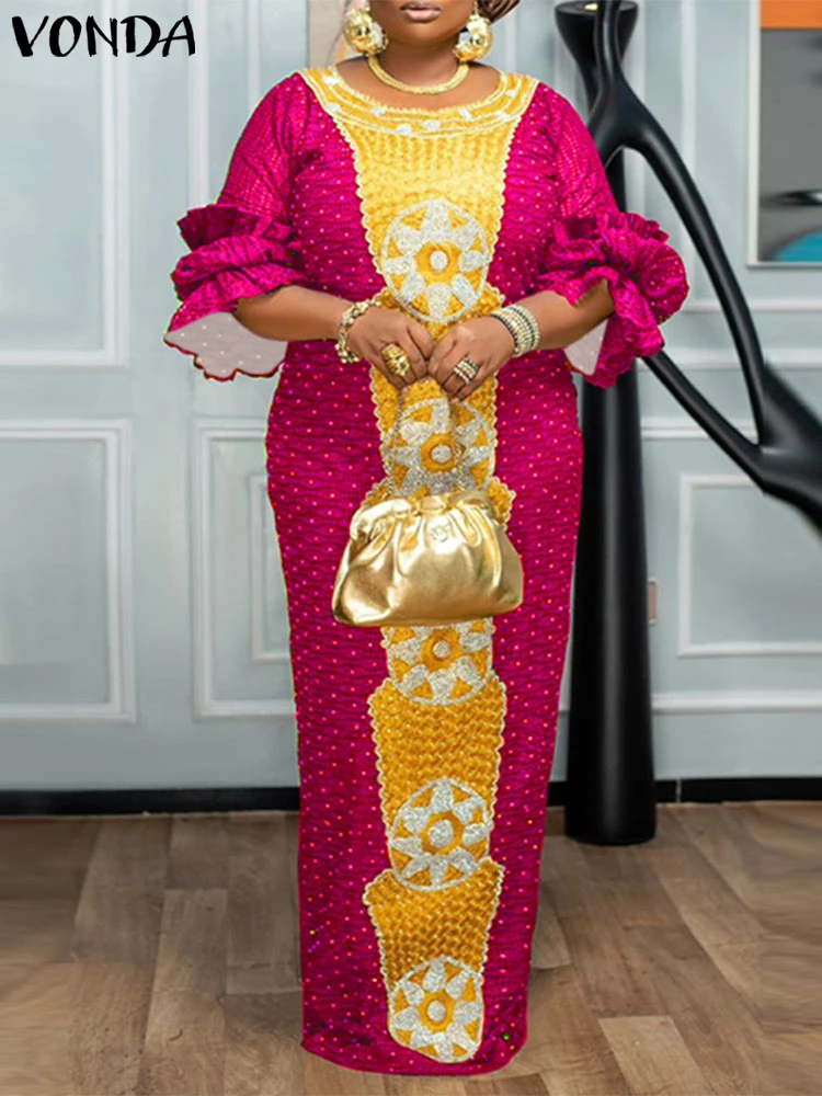 PLUS ขนาด 5XL VONDA VINTAGE Floral พิมพ์ Maxi ชุดผู้หญิงฤดูร้อนพรรค Vestidos 2025 รอบคอพัฟแขน Casual Robe