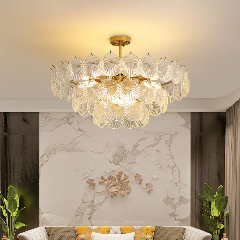 Living room light luxury main lamp French style bedroom shell lamp cream wind crystal room lamp glass restaurant home pendant