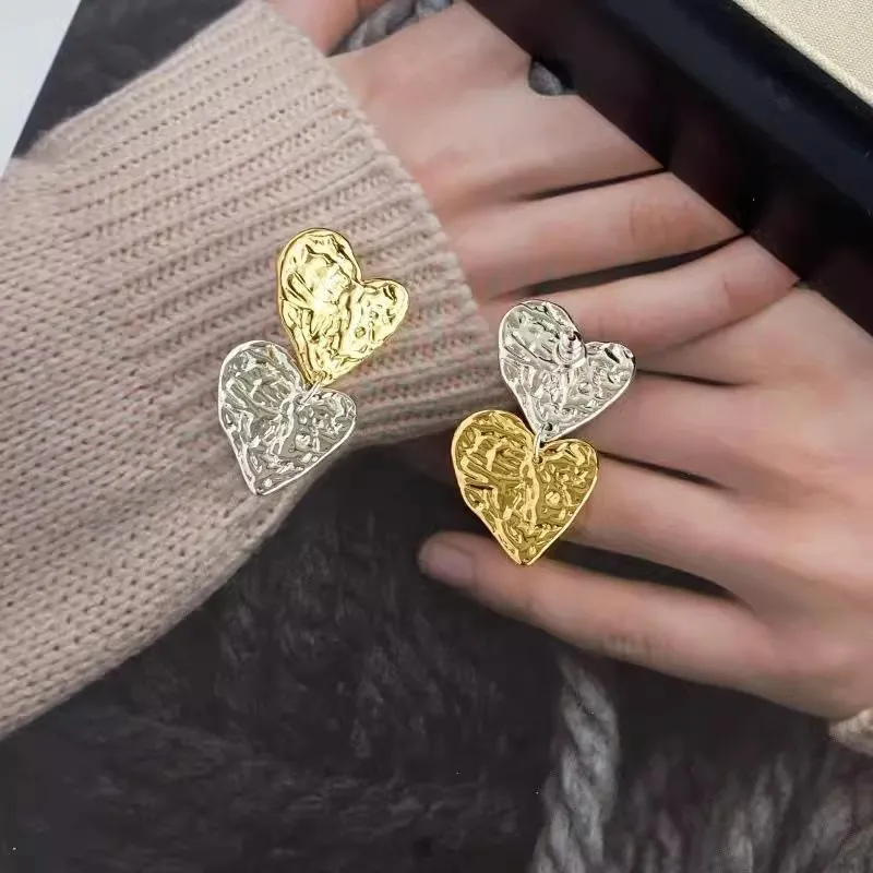 Brass With 18K Gold 2 Tone Heart Earrings Women Jewelry Punk Party T Show Gown Runway Korean Japan INS