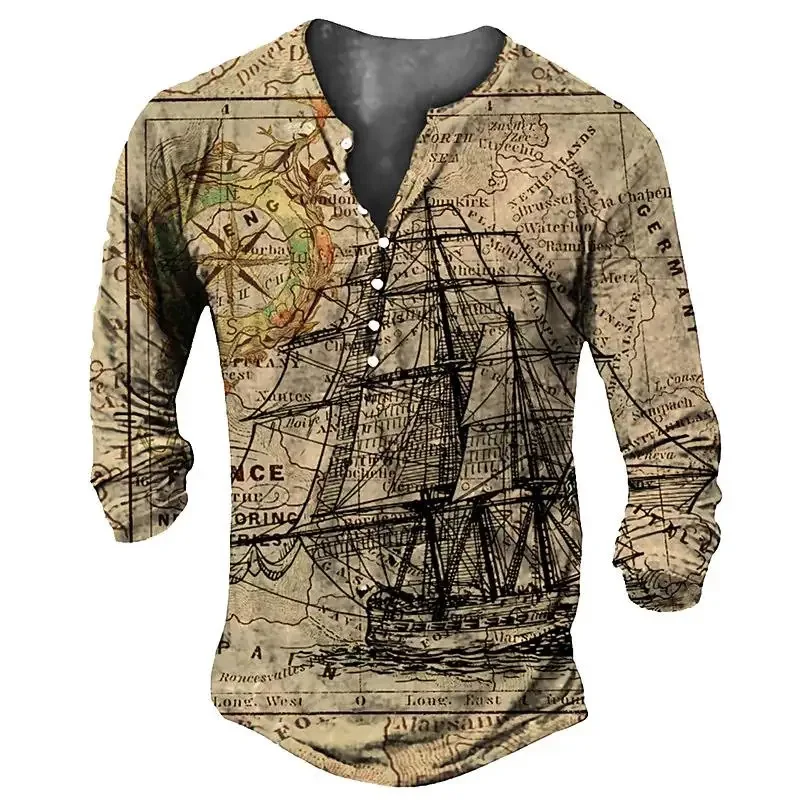 Vintage V-hals Henley Shirt Navigatie 3d Gothic T-shirt met lange mouwen voor mannen 5xl Oversized Tops T-shirt Man Punk Streetwear
