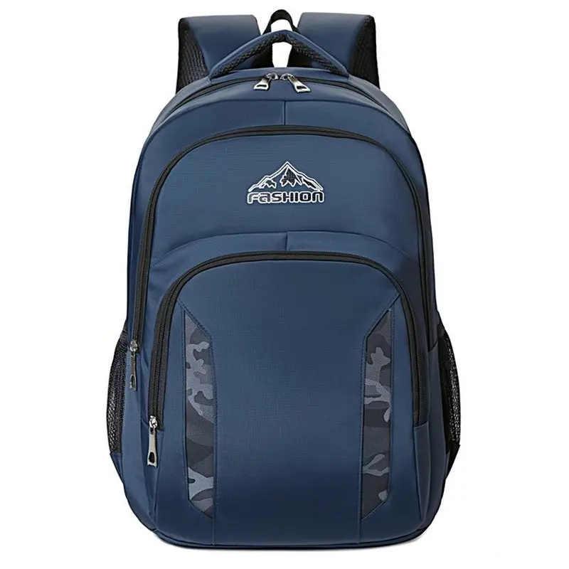 Men Blue Laptop Backpack With Dual Front Pockets And Mesh Side Slots Waterproof School Travel Daypack Casual Rucksack For Daily