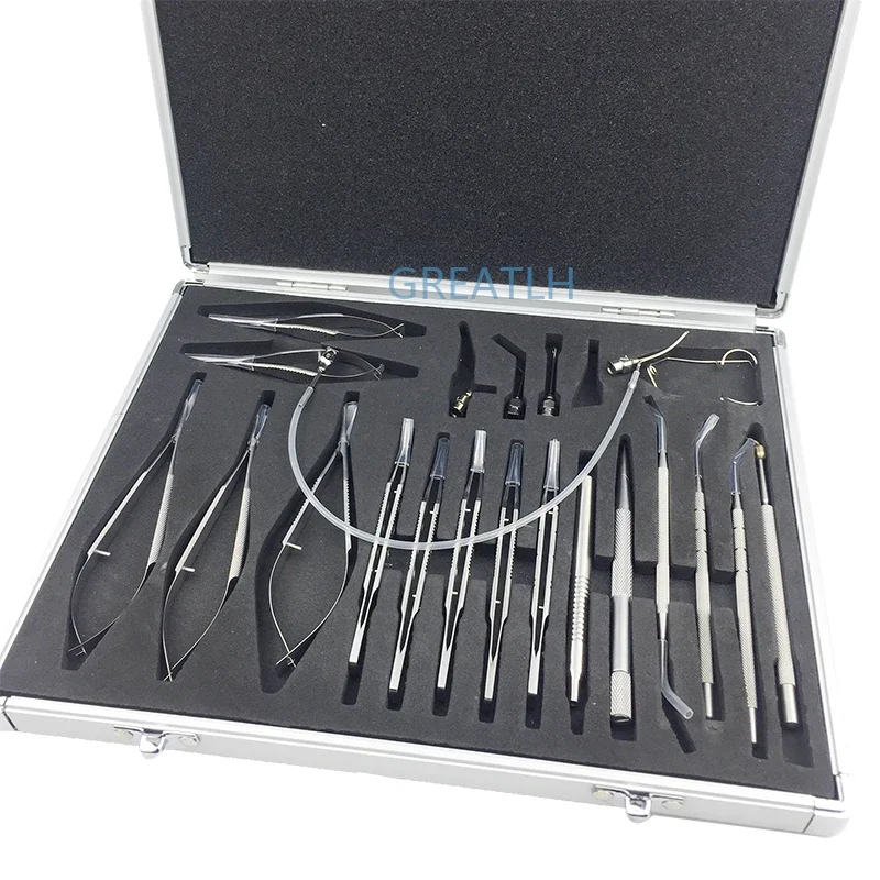 Liga de titânio e aço inoxidável Ophthalmic Set, Eye Instrument, Micro Pinças, Tesoura, Needle Holder Set, Ferramentas cirúrgicas, 21pcs