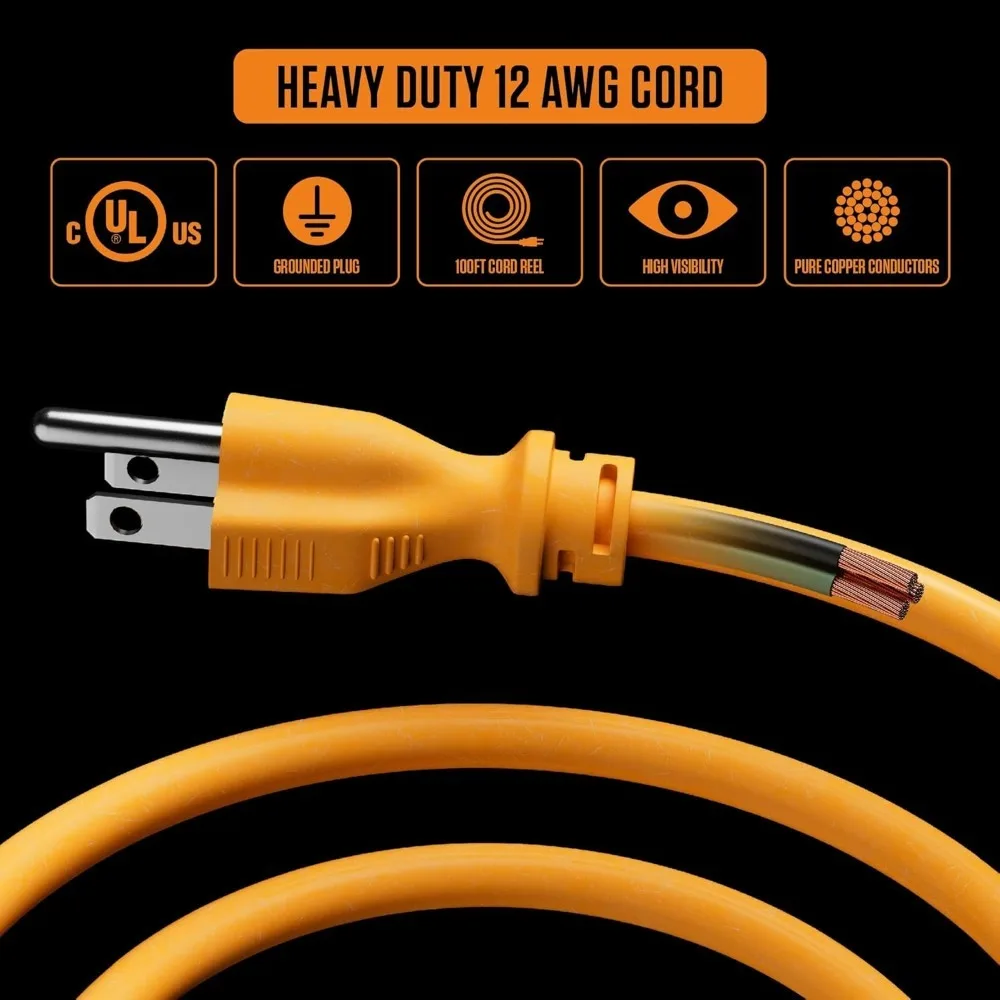 100ft Cord Reel, Metal Cable Drum, Retractable Extension Lead with Winding Handle, Safety Overload Circuit Breaker