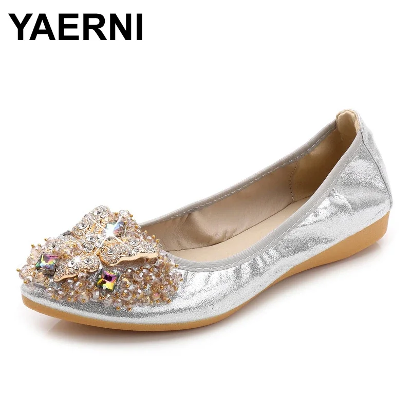 YAERNI Women Crystal Ballet Flats Size 34-43 2021 Spring Solid Gold Bling Cloth Pointed Toe Slip-On Flat Shoes Woman