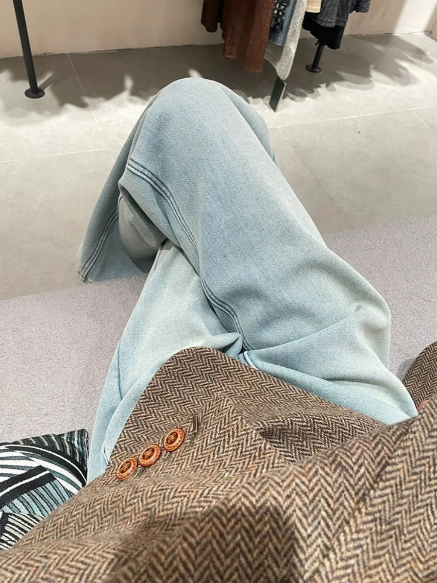 Retro Light Blue Fleece Wide Leg Jeans Women's Autumn Winter New Style Spring Small Size Narrow Straight Tube Pants