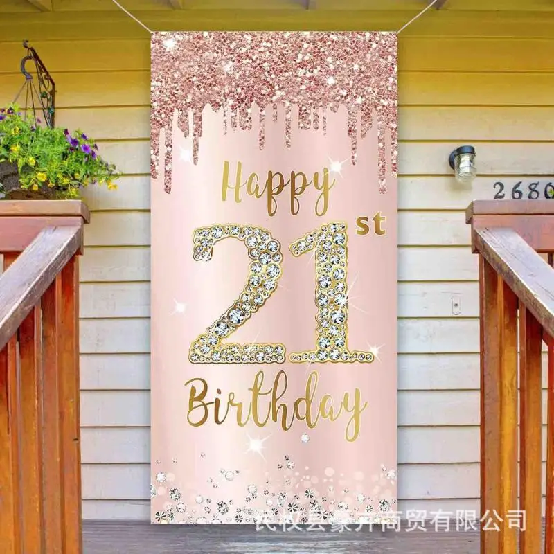 180Cm*90Cm Girl Princess Birthday Door Banner Flag Women Happy Birthday Gold Pink Photography Background Party Sign Decor