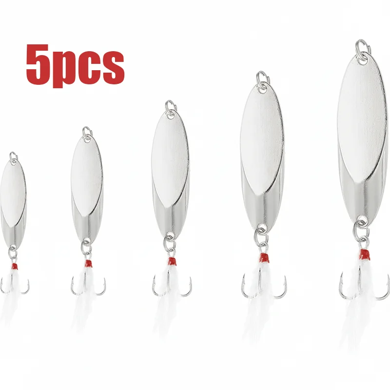 Set of 5 Silver Hard Metal Spinner Lures with Feathered Tails (Available in 1/5 oz, 1/4 oz, 3/8 oz, 1/2 oz, and 3/4 oz Sizes)