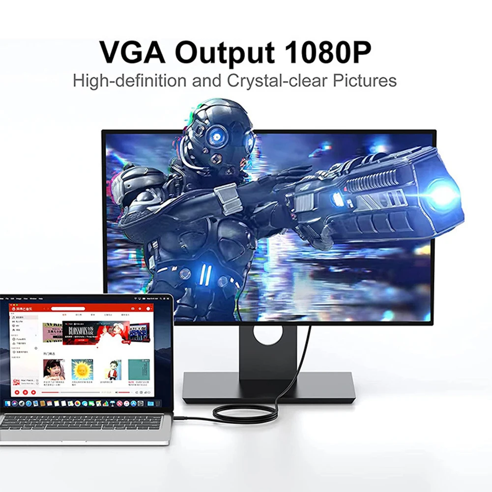 1.8M/6FT Type-C ถึงสายเคเบิลอะแดปเตอร์ VGA 10Gbps USB3.1 Type-C ถึง VGA อะแดปเตอร์แปลงสายเคเบิลพร้อมพอร์ตชุบทองสําหรับ MacBook