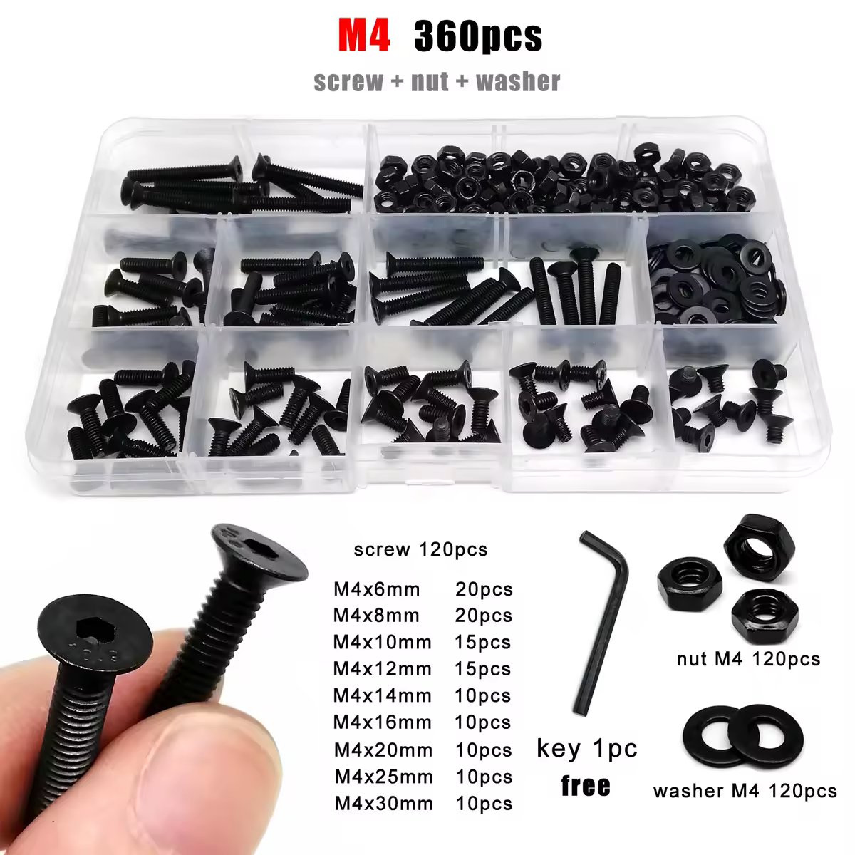 M2 M2.5 M3 M4 M5 M6 M8 Black Grade 10.9 Steel Allen Hexagon Hex Socket Flat Countersunk Head Screw Bolt Nut Washer Set Kit Box