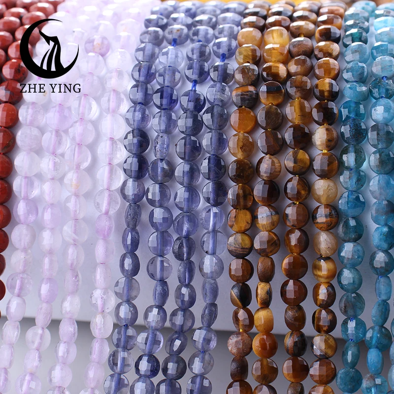 New 4mm Faceted Round Coin Stone Beads Natural Labradorite Prehnite Apatite Loose Spacer Flat Beads Charm For Jewelry Making DIY