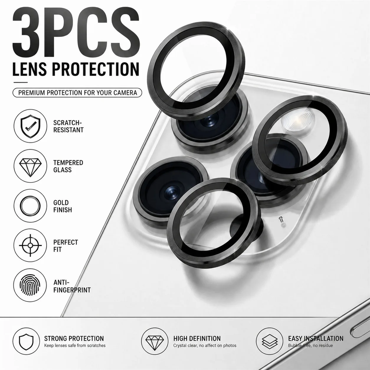3 pcs, 3D Metal, Tempered Glass Camera Lens Protective Film, Suitable for iPhone 11 12 13 14 15 16 17 Pro Max 14 15 16 Plus Min view 2