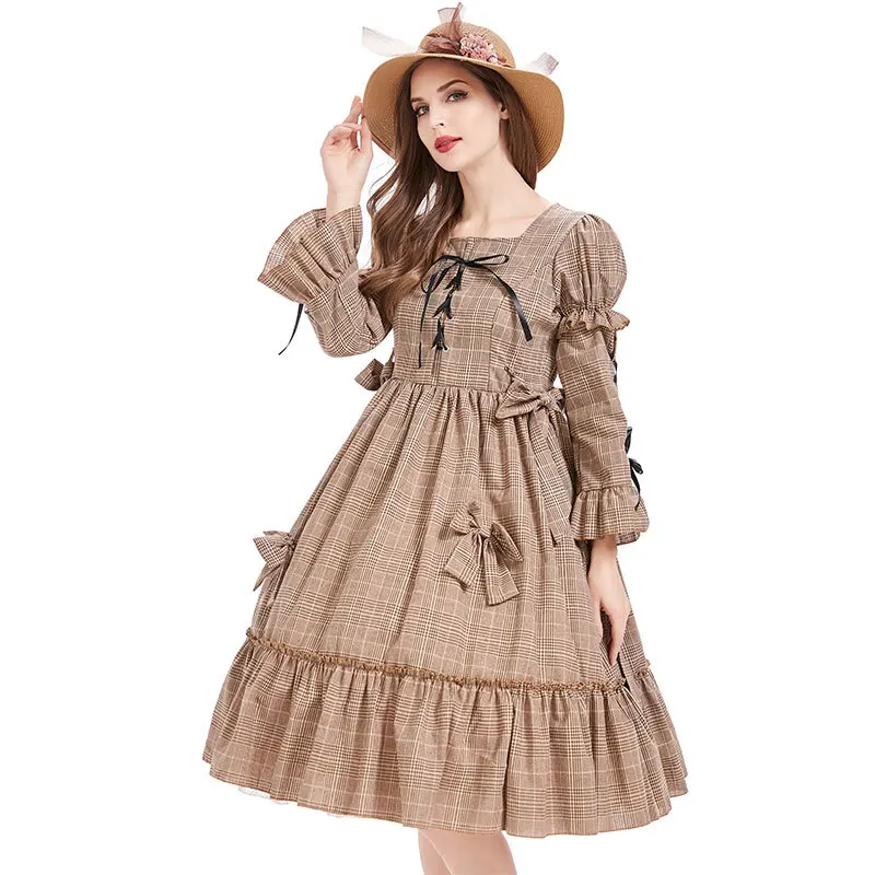 Pastoral Khaki Plaid Lolita Dress Spanish Style Lolita Princess Bow Skirt