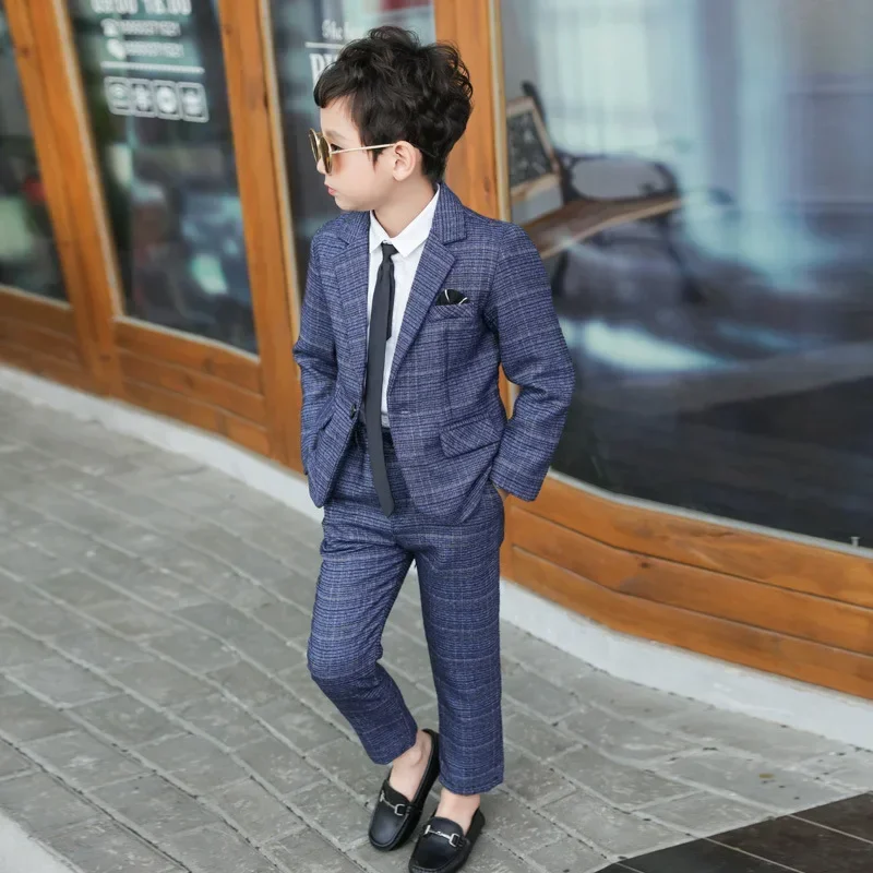 Kids Pant Blazers Set Spring Autumn New Boys Casual 2pcs Suits Jackets Plaid Single Button Children Party Wedding Clothes 3-11y