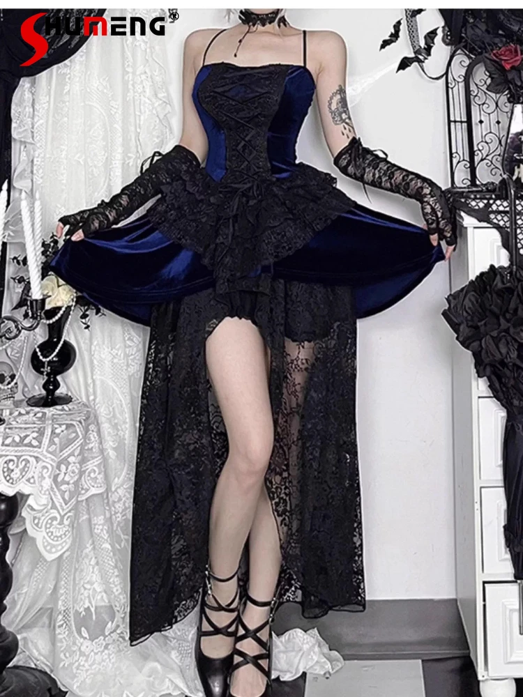 

French Style Halloween Costumes Duchess Cosplay Gothic Subculture Sleeveless Halter Lace-up Slim Fit Black Bodycon Dress Women