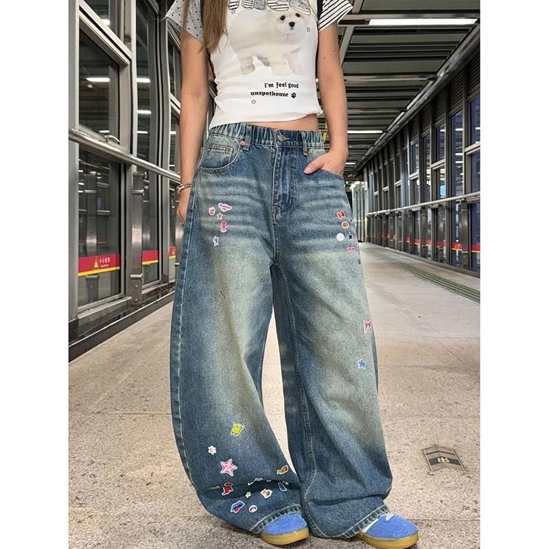 Summer Women's Cartoon Graffiti Jeans Harajuku Japanese 2000s Style Y2k Baggy Denim Trouser Vintage Oversize Jeans Pants Clothes