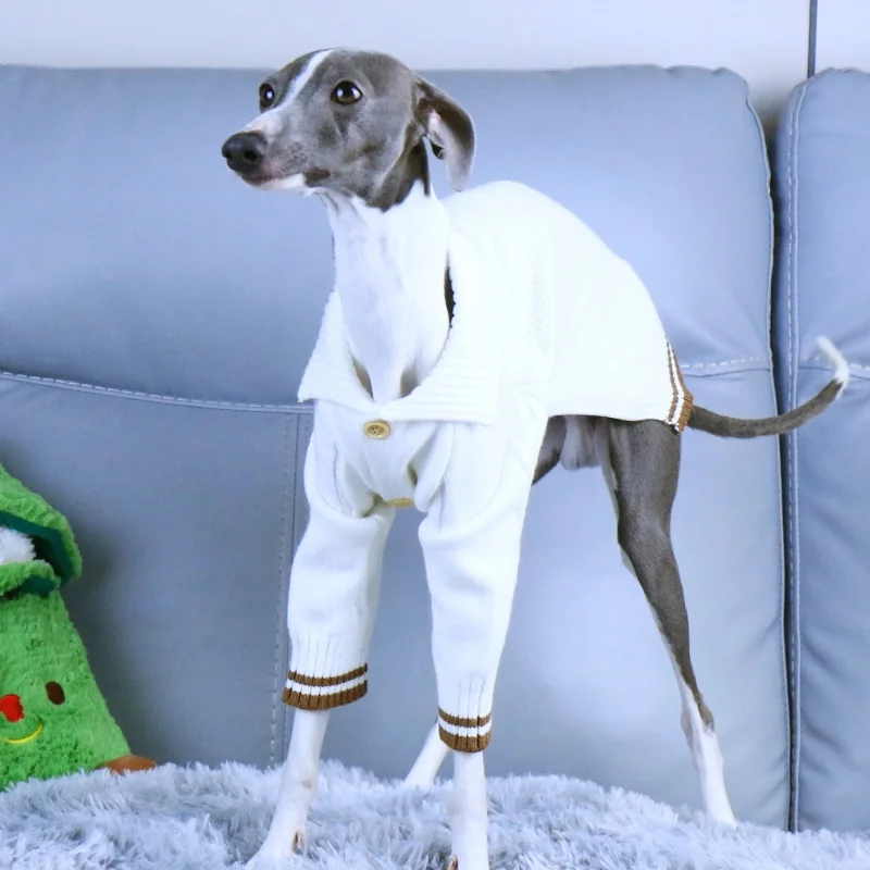 Lapel Cardigan Jacket Knitted White Sweater for Little Greyhound Whippet Winter Long Sleeves Warm Coat for Mid Dogs Pet Clothing