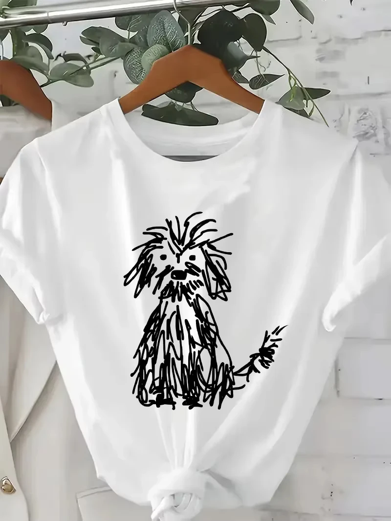 Gothic Black Doodle Puppy Creative Graphic Tee Unisex Round Neck Short Sleeve Summer Casual Streetwear Dog Lover Tops