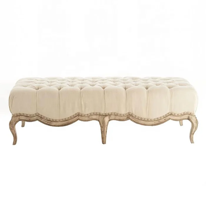 French Antique Bedroom White Fabric Wooden Tufted Ottoman Bed Stool Bench